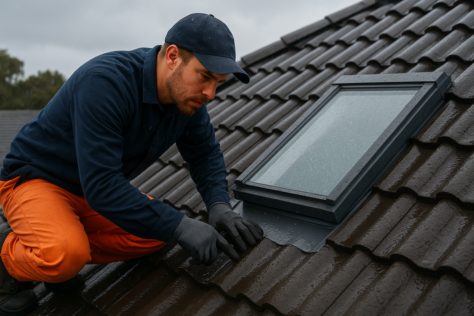 Licensed roofer inspecting flashings around a skylight after a storm