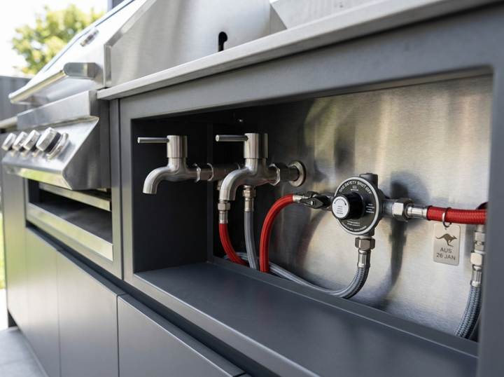 Professional outdoor entertaining plumbing installation with gas line connections and safety equipment 