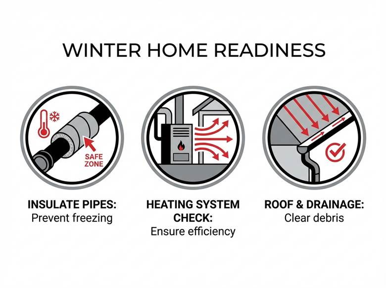 winter home preparation guidelines which are to insulate pipes, heating system check and roof and drainage