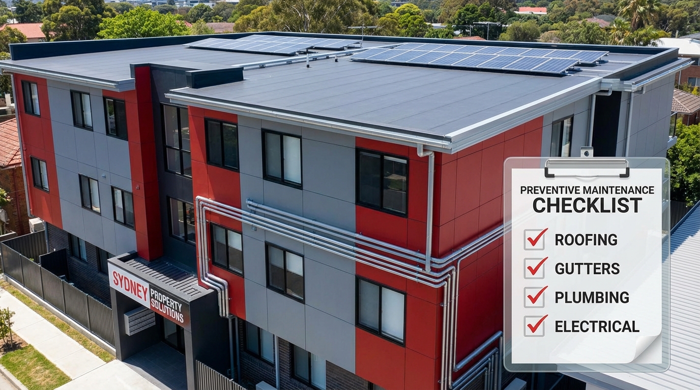 Property maintenance Sydney investment properties showing modern apartment building with professional plumbing electrical roofing services checklist