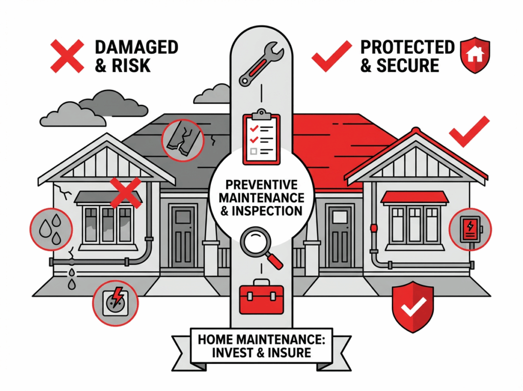 Preventable home insurance claims in Sydney comparison damaged home versus protected home with WSG Group maintenance plumbing electrical roofing Sydney