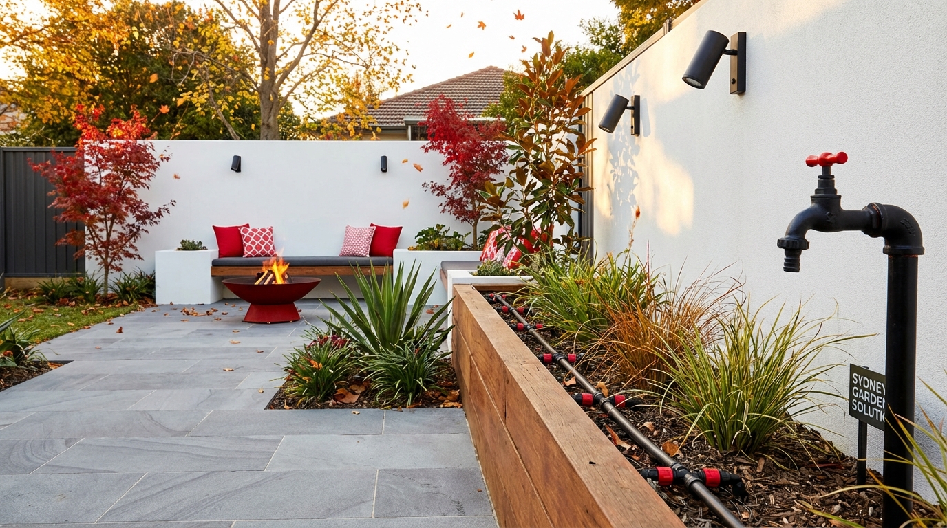 Modern Sydney garden with outdoor living space featuring autumn garden upgrades including irrigation system, landscape lighting fixtures, and well-maintained outdoor plumbing installations