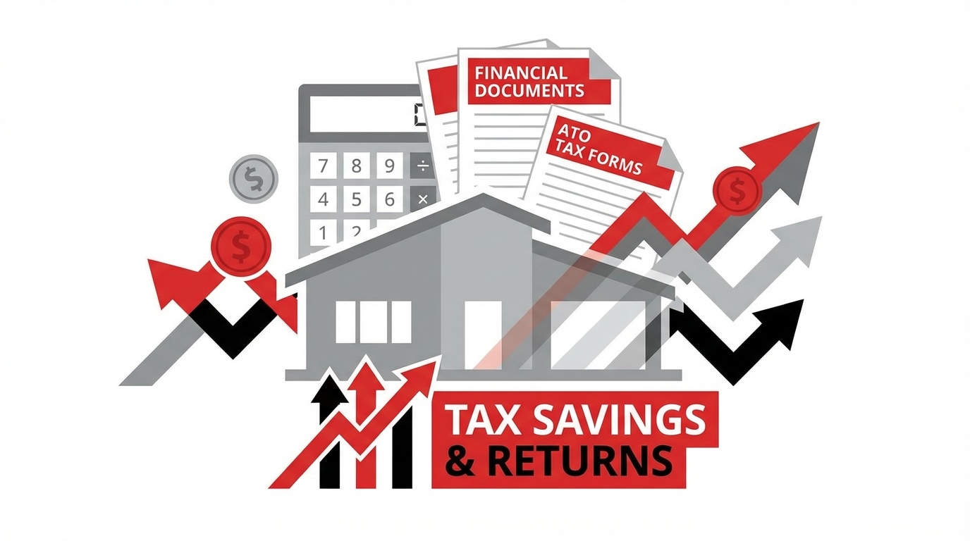 Rental property tax deductions calculator with financial documents and house illustration showing plumbing electrical roofing maintenance