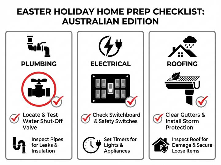 Holiday home preparation checklist infographic showing plumbing electrical and roofing tasks for Easter vacation