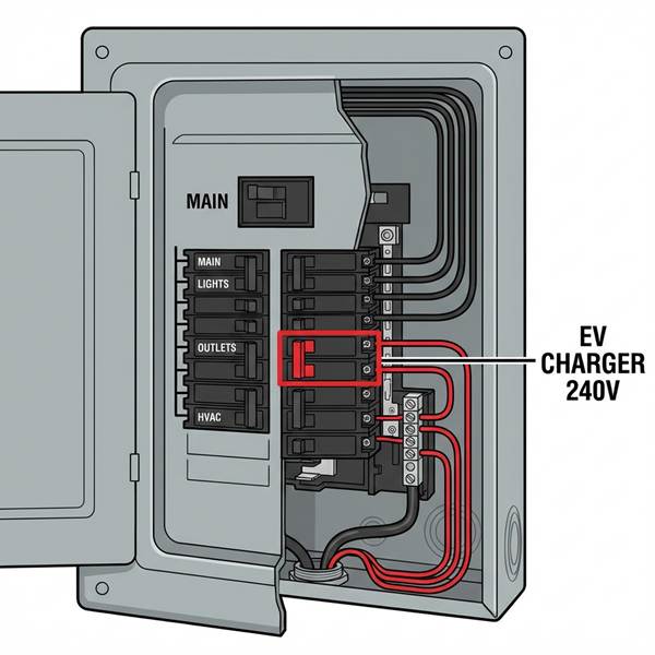 Residential electrical switchboard panel showing dedicated EV charger circuit with red highlighted breaker for EV charger installation
