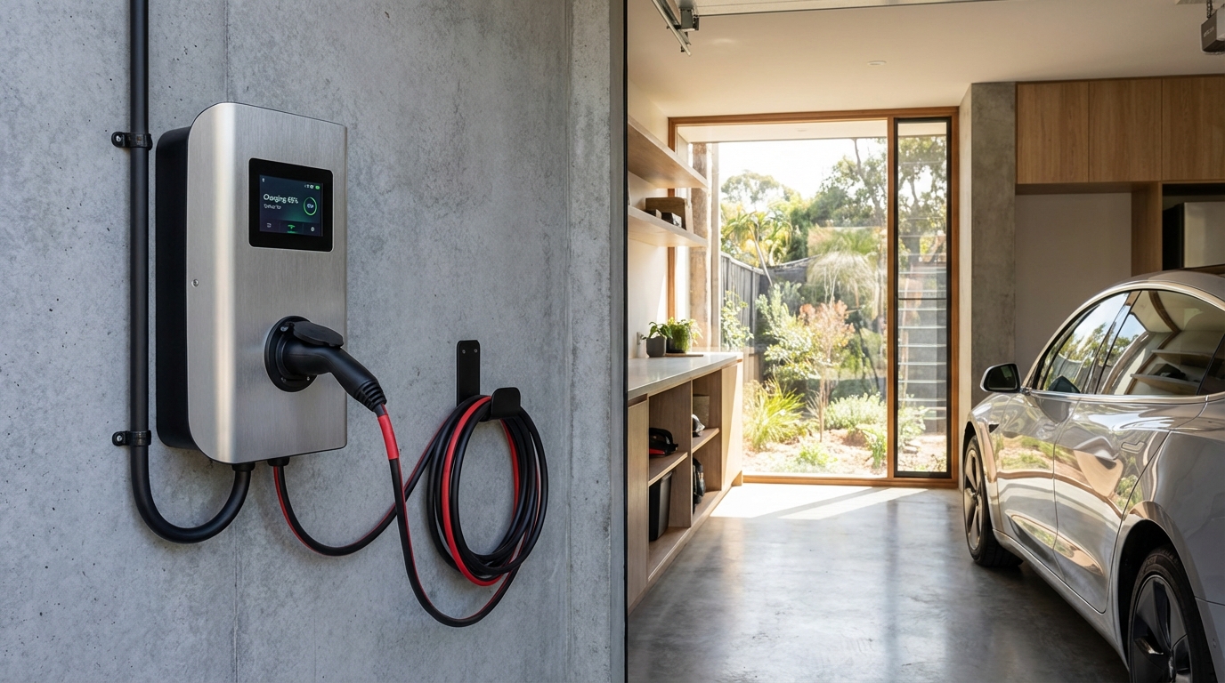 EV charger installation Sydney home garage with modern Level 2 charging station mounted on wall