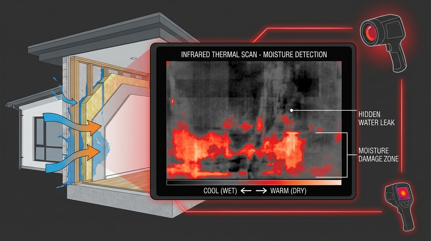 Professional thermal imaging scan showing hidden water leak detection with infrared heat signatures behind wall in Sydney home