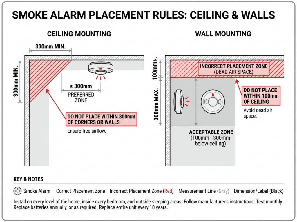 Smoke alarm compliance NSW placement diagram ceiling wall mounting distance requirements