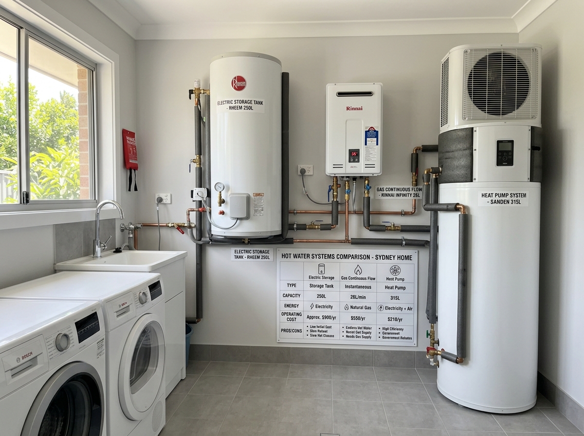 Hot water system replacement cost Sydney — electric storage, gas continuous flow and heat pump comparison