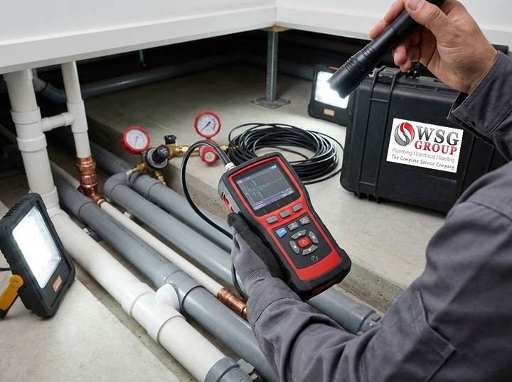 Licensed plumber using professional leak detection equipment to locate hidden water leak for Sydney Water leak allowance claim.