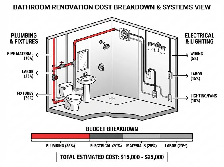 Bathroom renovation costs breakdown showing plumbing and electrical systems diagram for Sydney homes 2026