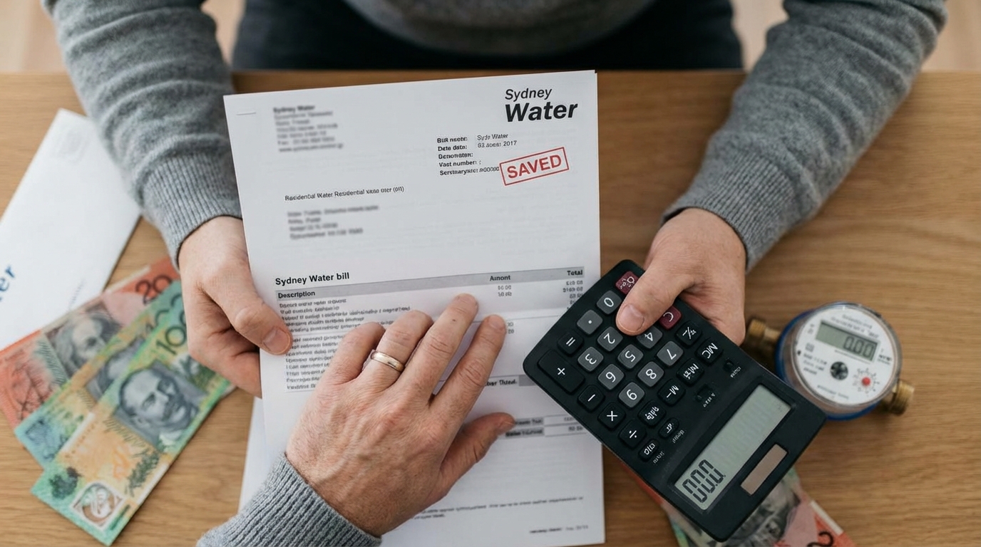 Sydney homeowner reviewing water bill statement with calculator to claim Sydney Water leak allowance rebate