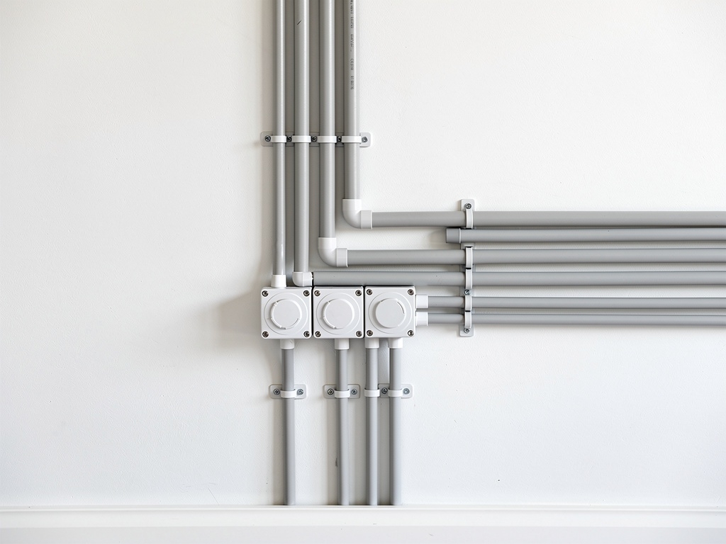 Electrical conduit and junction boxes installed on white wall of Australian home, neat cable management