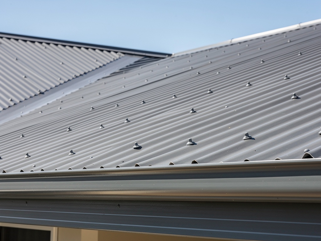 Close-up of Colorbond corrugated roof sheeting with ridge capping detail