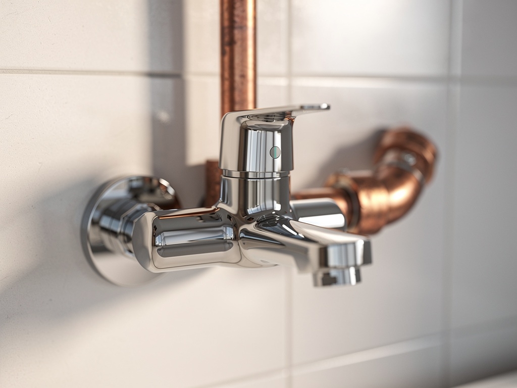 Chrome bathroom tapware and copper pipes on Australian bathroom wall