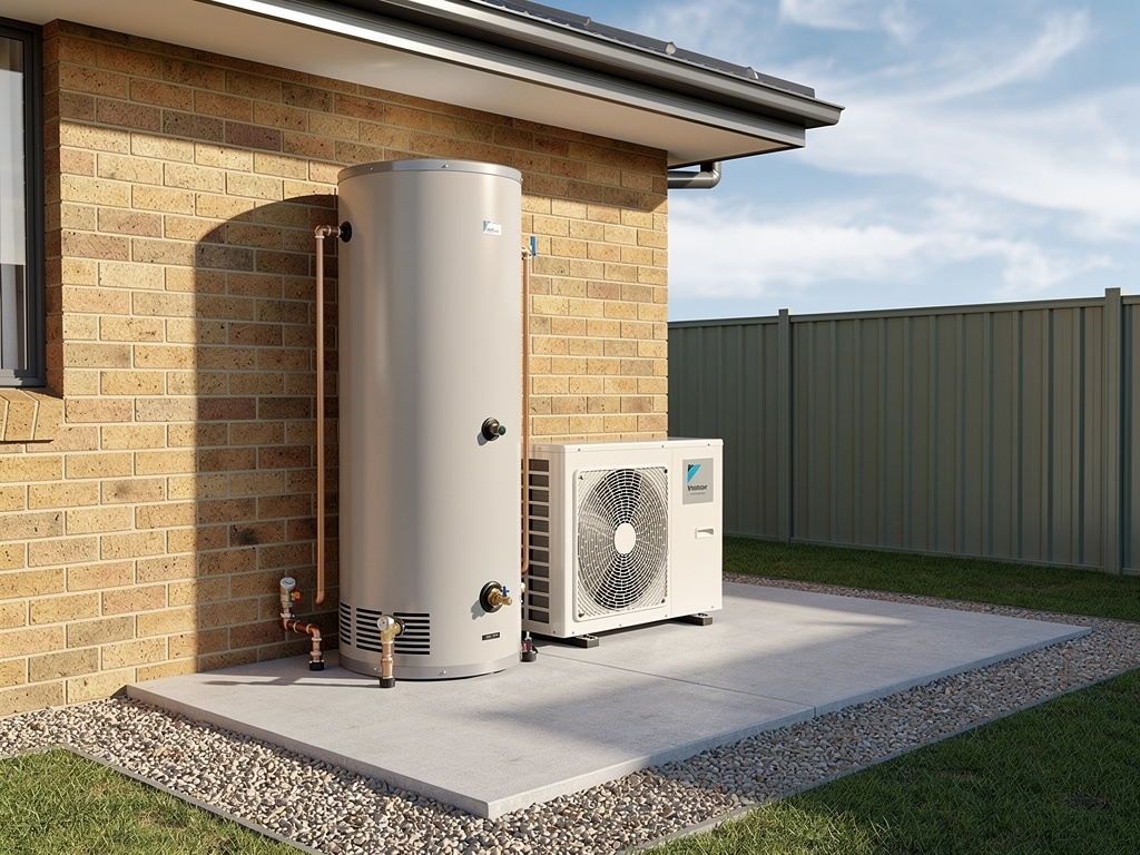 Heat pump hot water system with storage cylinder tank installed beside Australian brick home with Colorbond fence