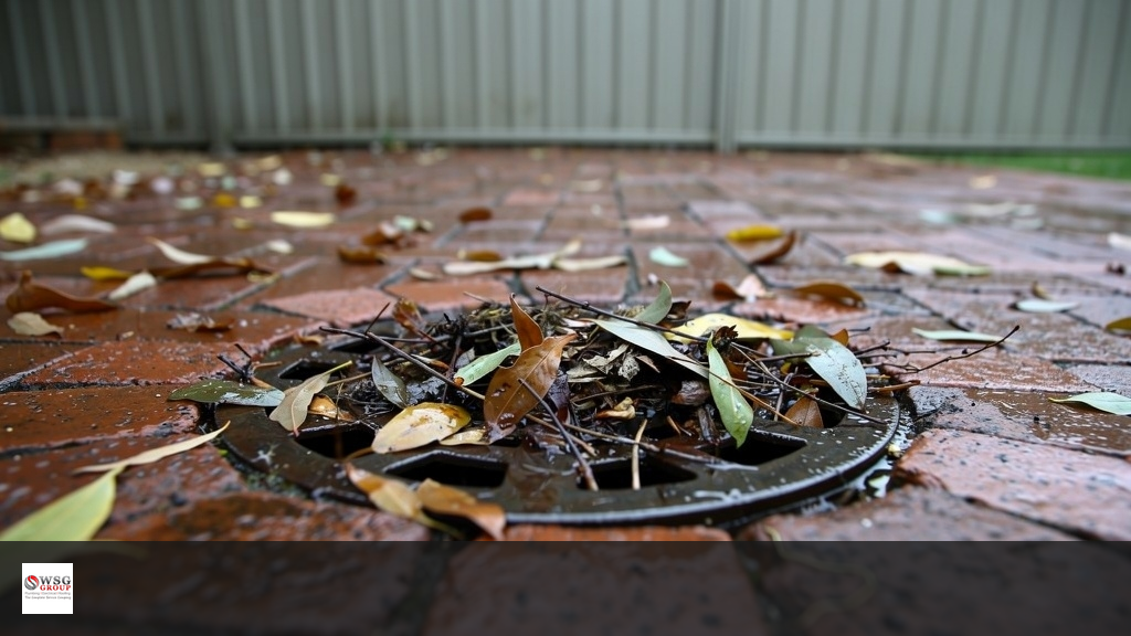 Blocked drain with autumn leaves in Sydney backyard - WSG Group