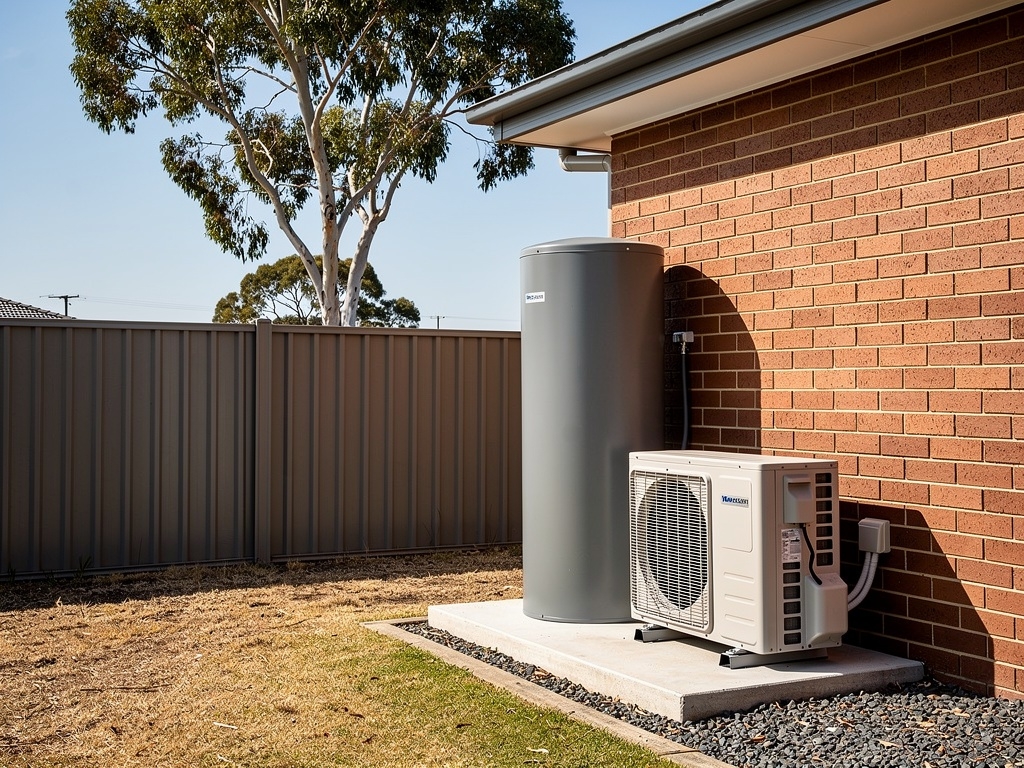 Heat pump hot water system with storage cylinder installed on external wall of Central Coast home