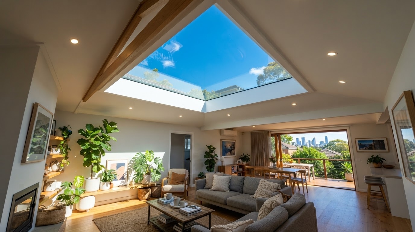 Skylight installation in Sydney home - modern interior with large flat glass skylight flooding living room with natural light