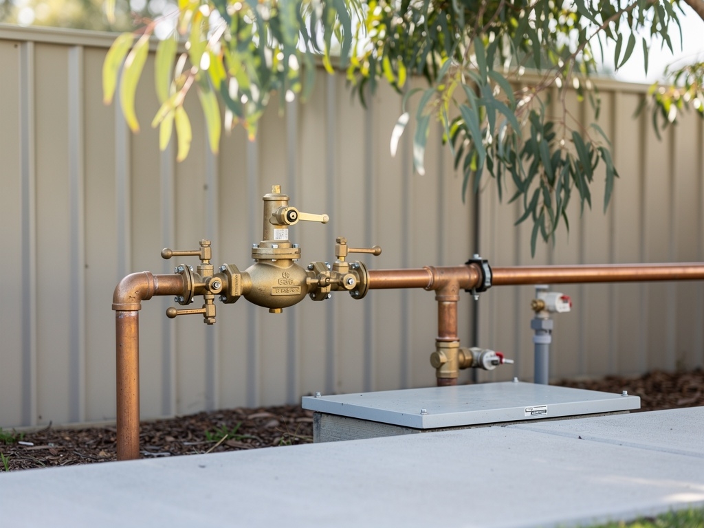 Backflow prevention device installed near a water meter on an Australian residential property
